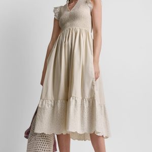 COTTON FLUTTER SLEEVE V-NECK MIDI FIT & FLARE DRESS