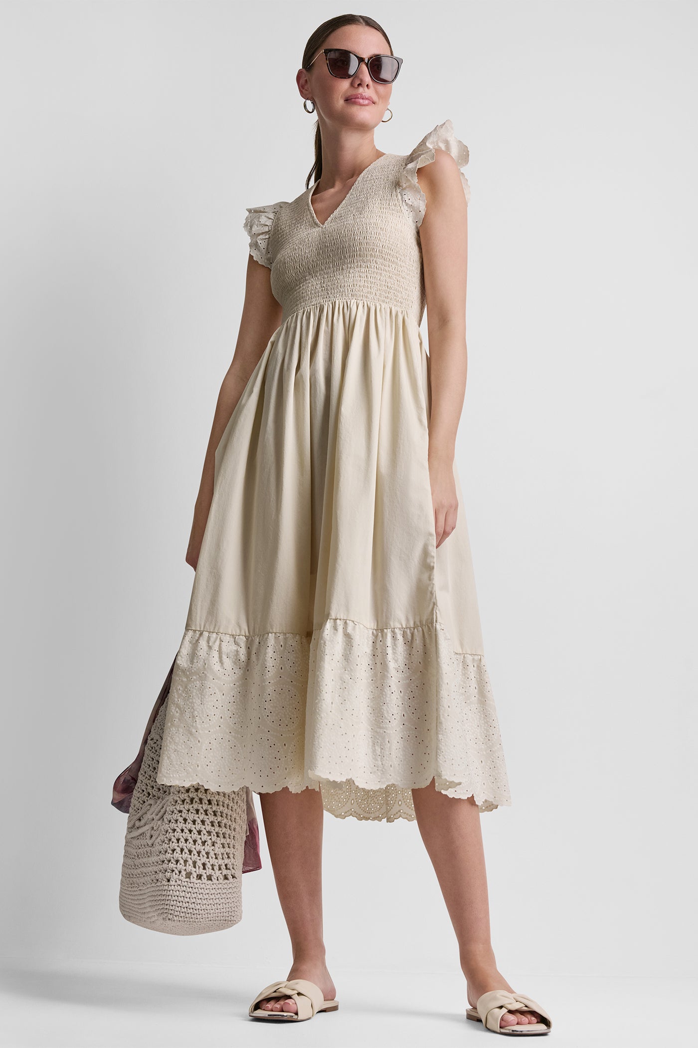 COTTON FLUTTER SLEEVE V-NECK MIDI FIT & FLARE DRESS