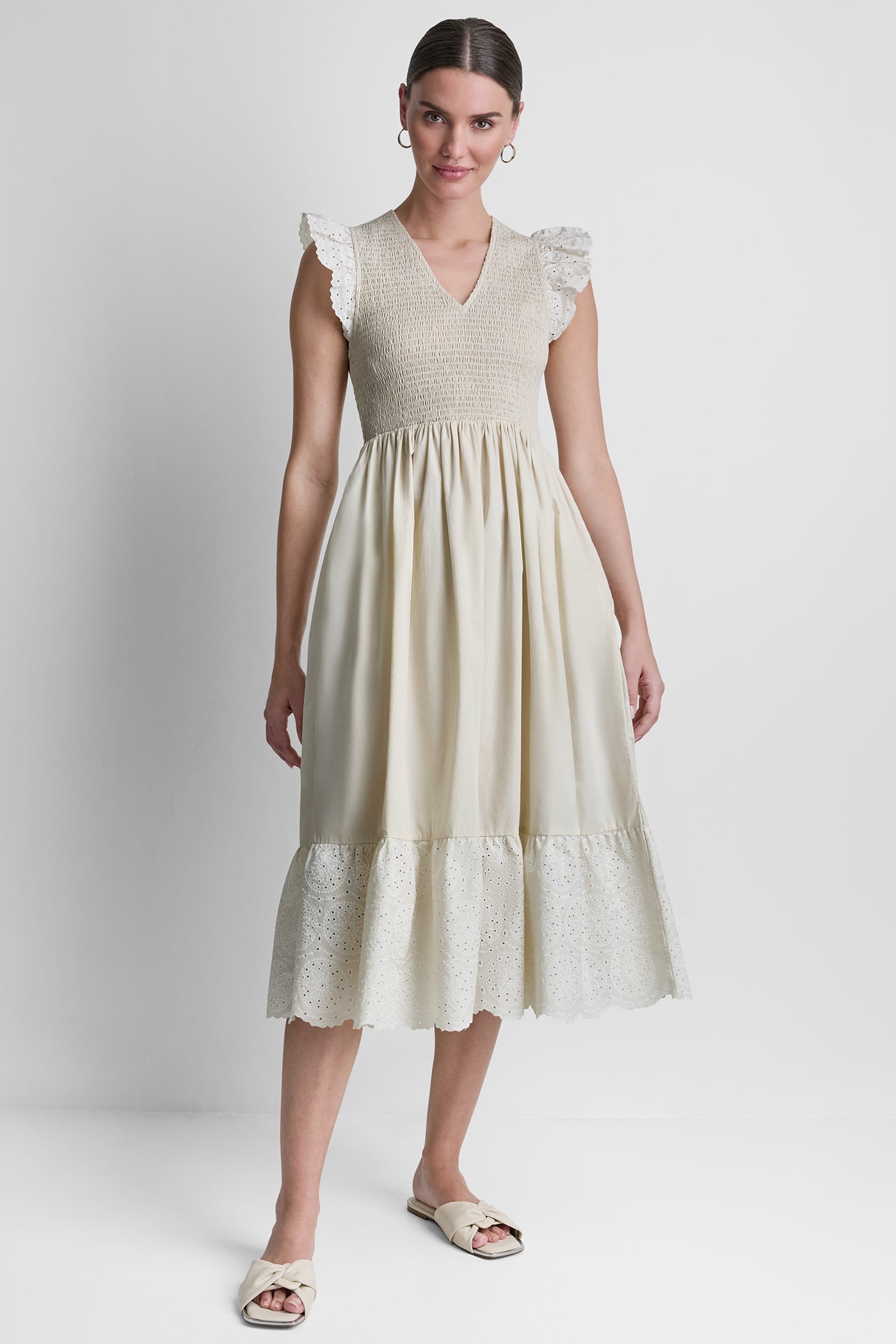 COTTON FLUTTER SLEEVE V-NECK MIDI FIT & FLARE DRESS - Image 6