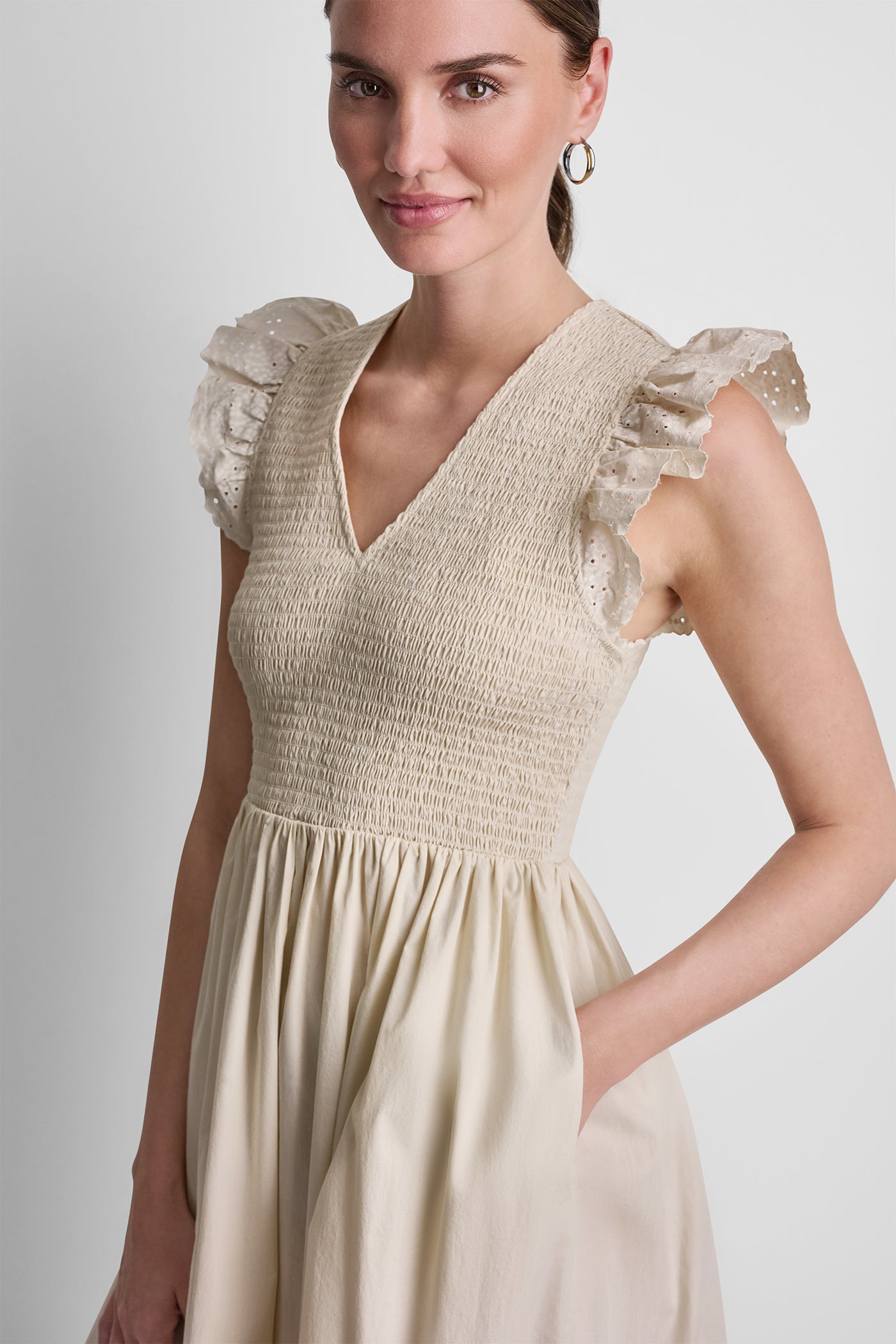 COTTON FLUTTER SLEEVE V-NECK MIDI FIT & FLARE DRESS - Image 2