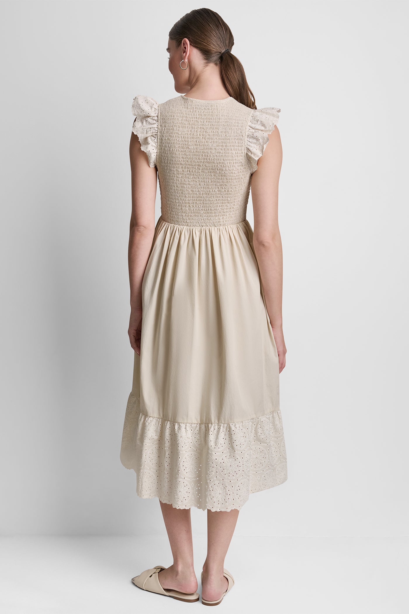 COTTON FLUTTER SLEEVE V-NECK MIDI FIT & FLARE DRESS - Image 3