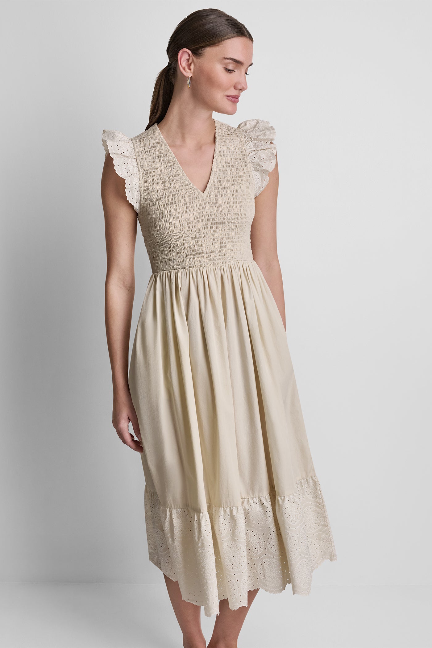 COTTON FLUTTER SLEEVE V-NECK MIDI FIT & FLARE DRESS - Image 5