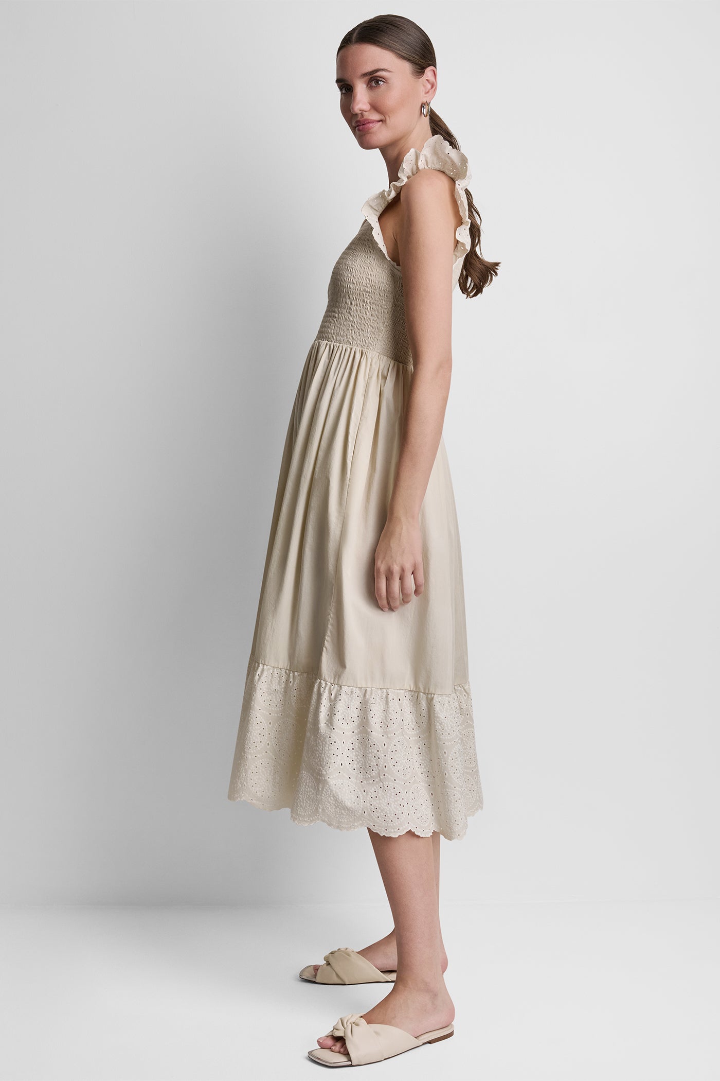 COTTON FLUTTER SLEEVE V-NECK MIDI FIT & FLARE DRESS - Image 4