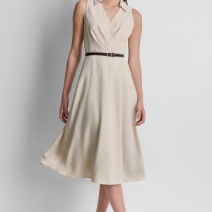 SLEEVELESS WRAP-EFFECT MIDI SHIRT DRESS