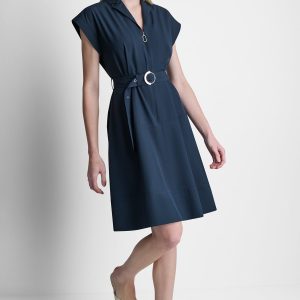 CAP SLEEVE ZIP-FRONT SHIRT DRESS