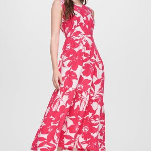 JEWEL NECK PRINTED MIDI DRESS