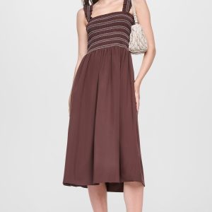 SLEEVELESS SMOCKED MIDI A-LINE DRESS