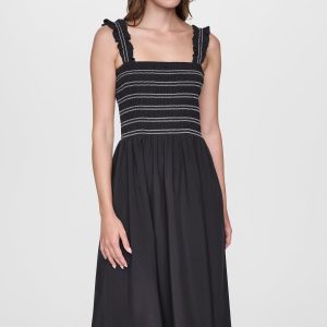 SLEEVELESS SMOCKED MIDI A-LINE DRESS