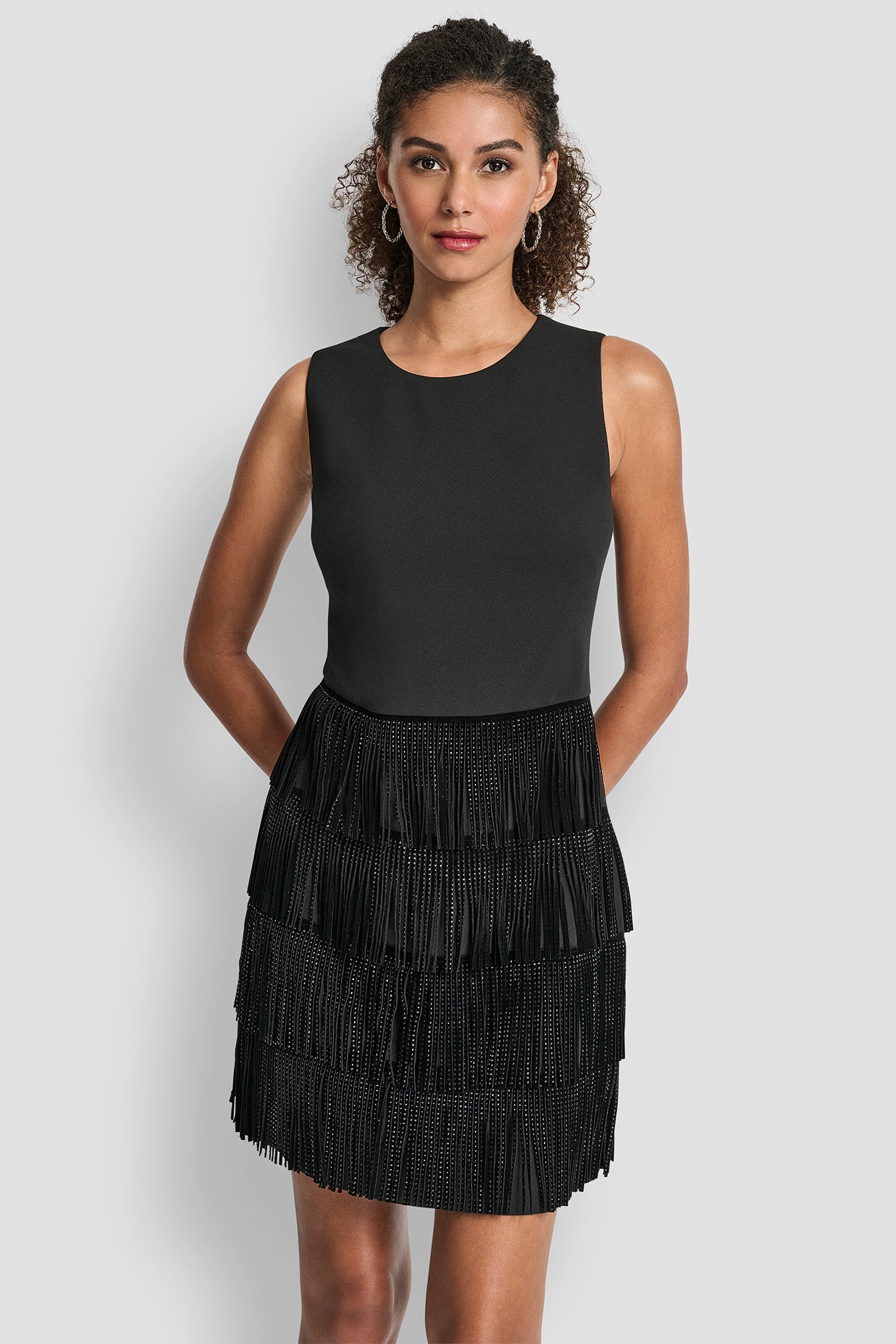SLEEVELESS SHIFT DRESS WITH TIERED SKIRT