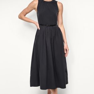SLEEVELESS GATHERED MIDI A-LINE DRESS
