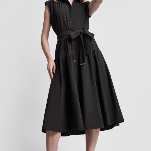 CAP-SLEEVE FIT & FLARE MIDI SHIRT DRESS