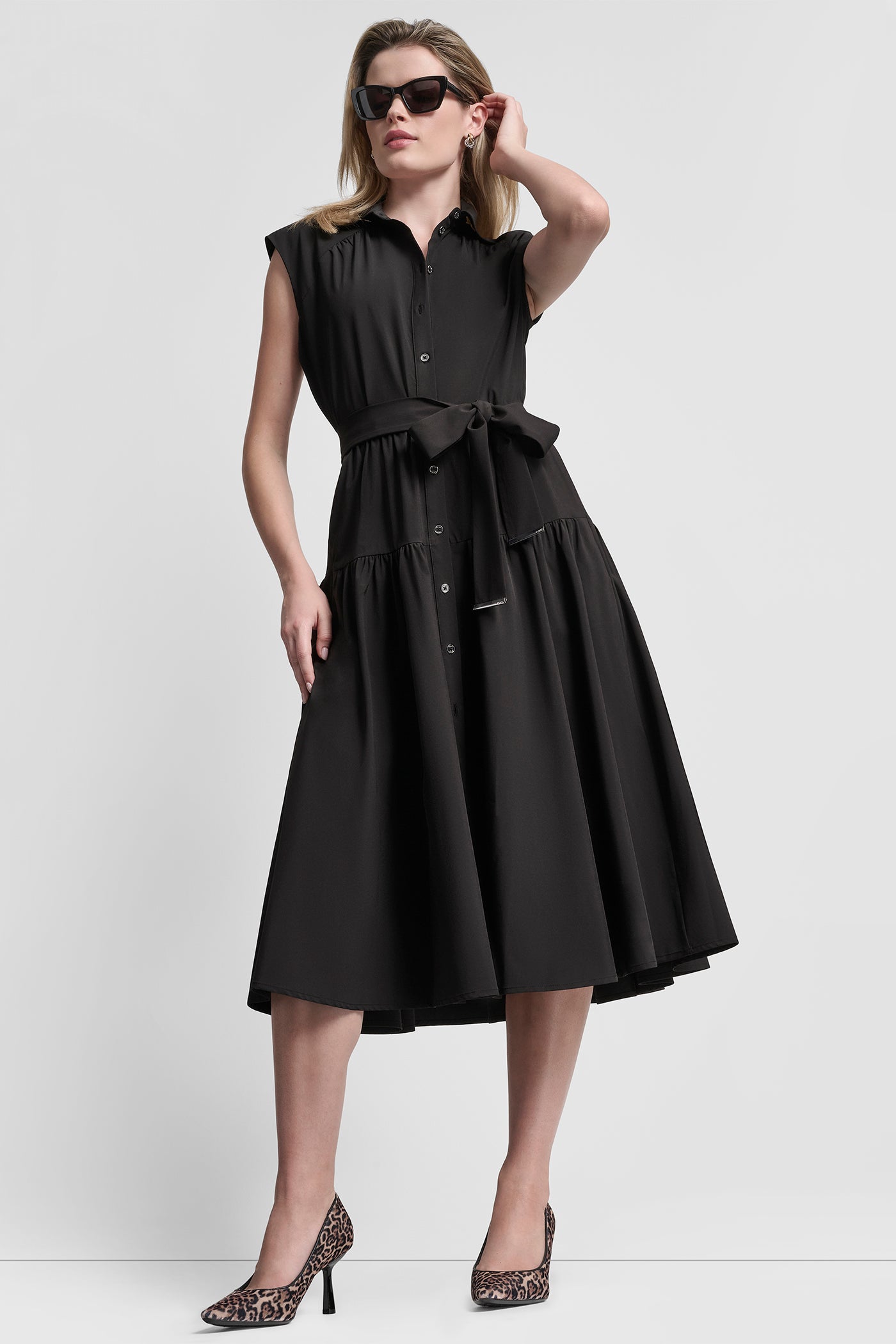 CAP-SLEEVE FIT & FLARE MIDI SHIRT DRESS