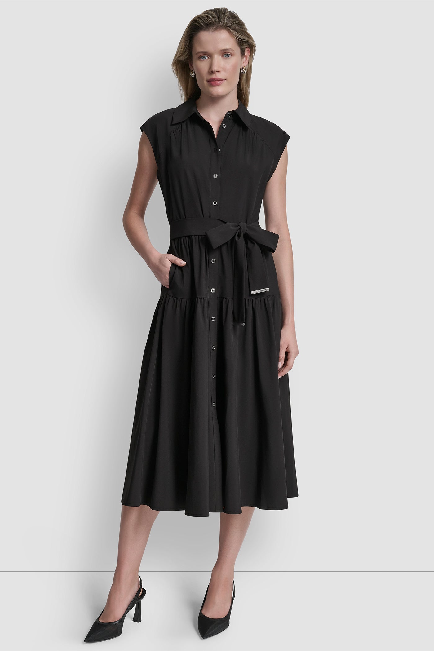 CAP-SLEEVE FIT & FLARE MIDI SHIRT DRESS - Image 6