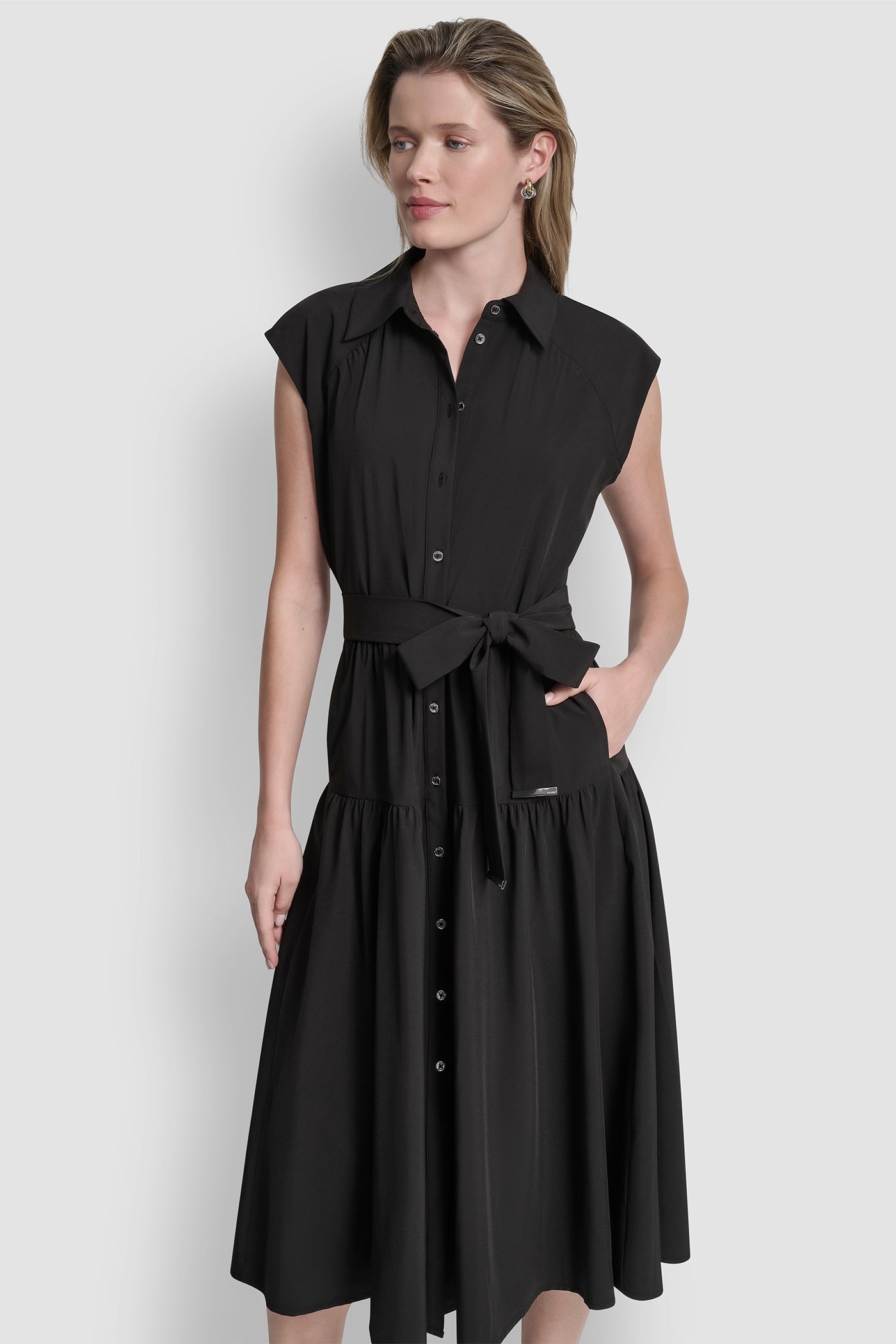 CAP-SLEEVE FIT & FLARE MIDI SHIRT DRESS - Image 2