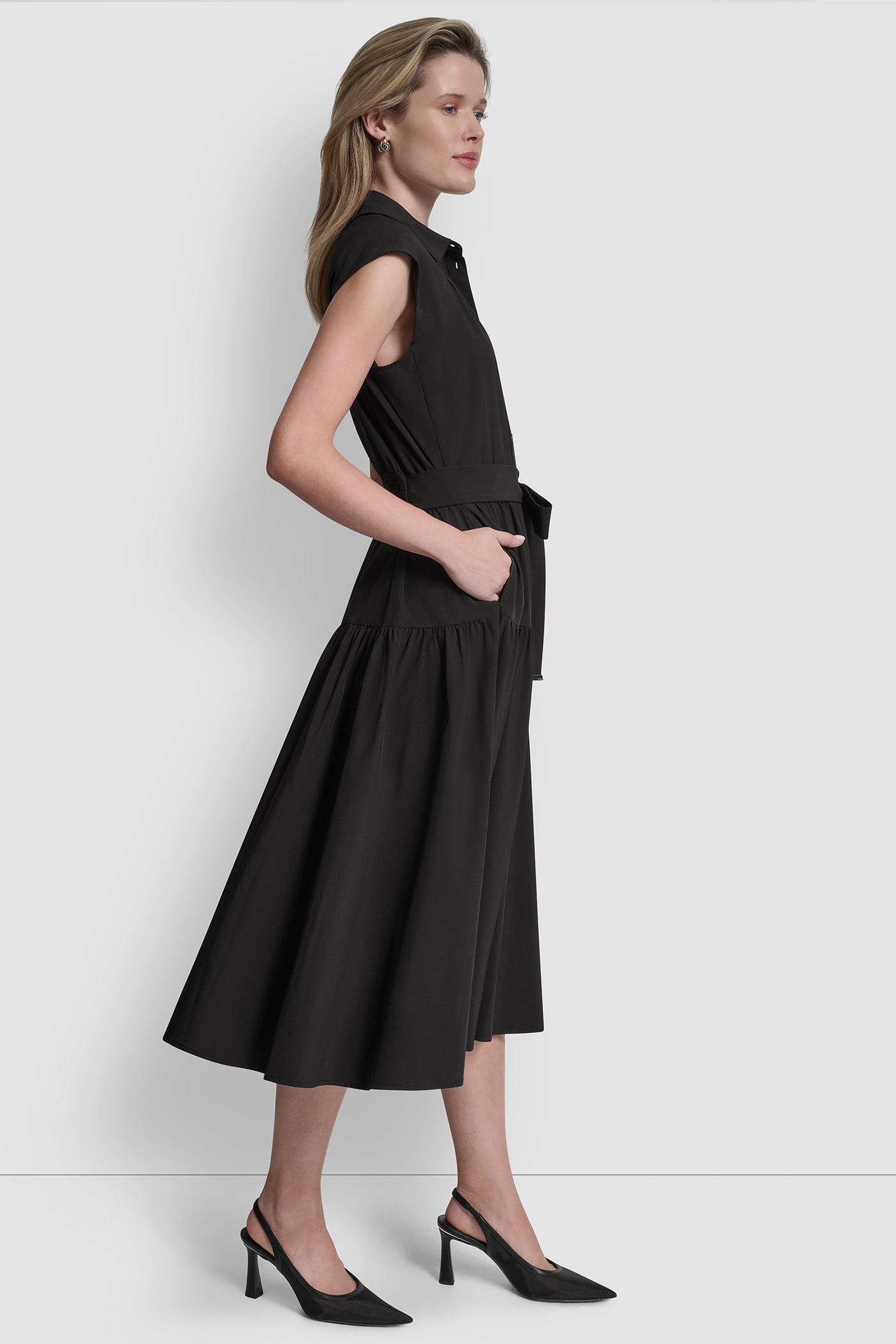 CAP-SLEEVE FIT & FLARE MIDI SHIRT DRESS - Image 4