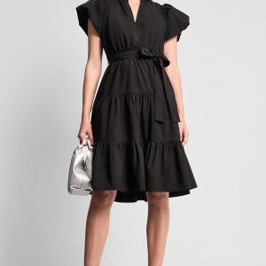 PUFF SLEEVE V-NECK FIT & FLARE DRESS