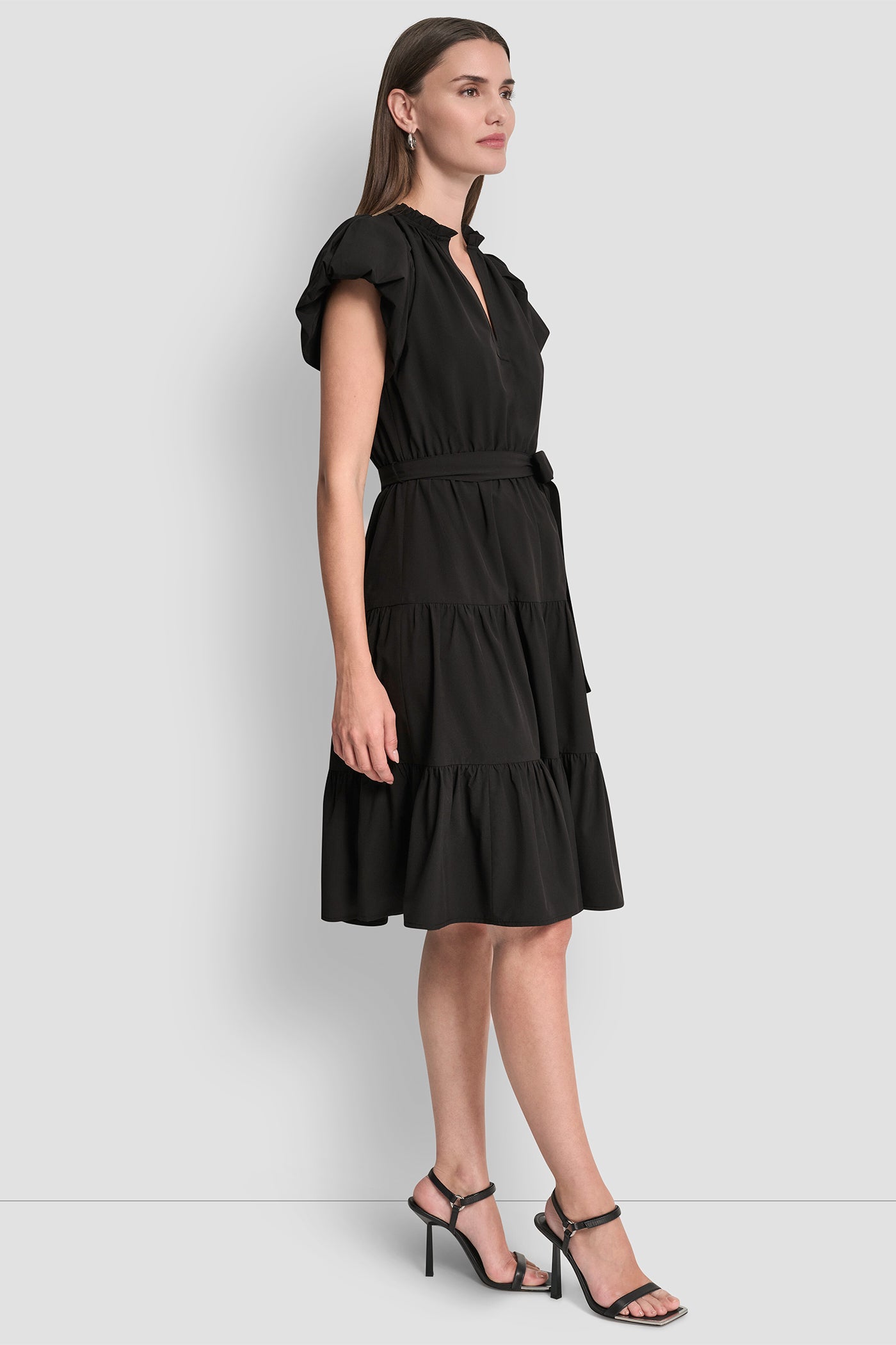 PUFF SLEEVE V-NECK FIT & FLARE DRESS - Image 4