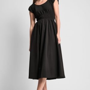 PUFF SLEEVE FIT & FLARE MIDI DRESS