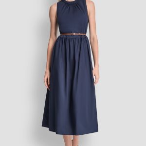 SLEEVELESS GATHERED MIDI A-LINE DRESS