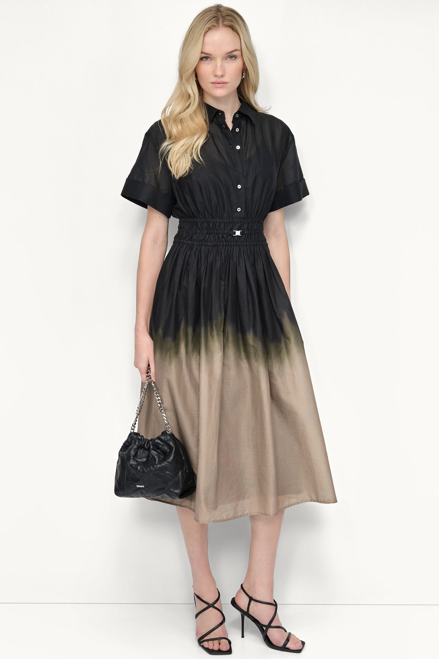 SHORT SLEEVE OMBRÉ MIDI SHIRT DRESS
