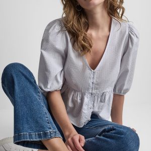 PUFF SLEEVE V-NECK SHIRT