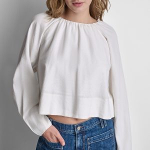 LINEN-BLEND RAGLAN SLEEVE BLOUSE