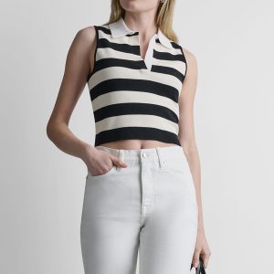 STRIPED SLEVELESS POLO SWEATER