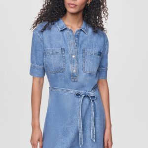DENIM BUTTON-FRONT SHIRT DRESS