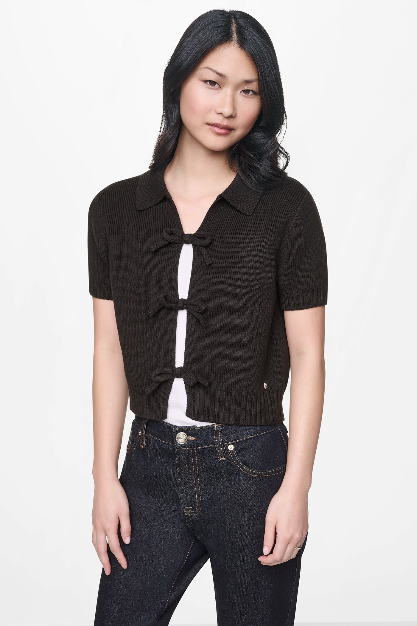 SHORT SLEEVE TIE FRONT POLO SWEATER - Image 5
