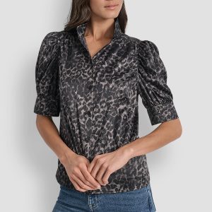 PUFF SLEEVE STAND COLLAR SHIRT