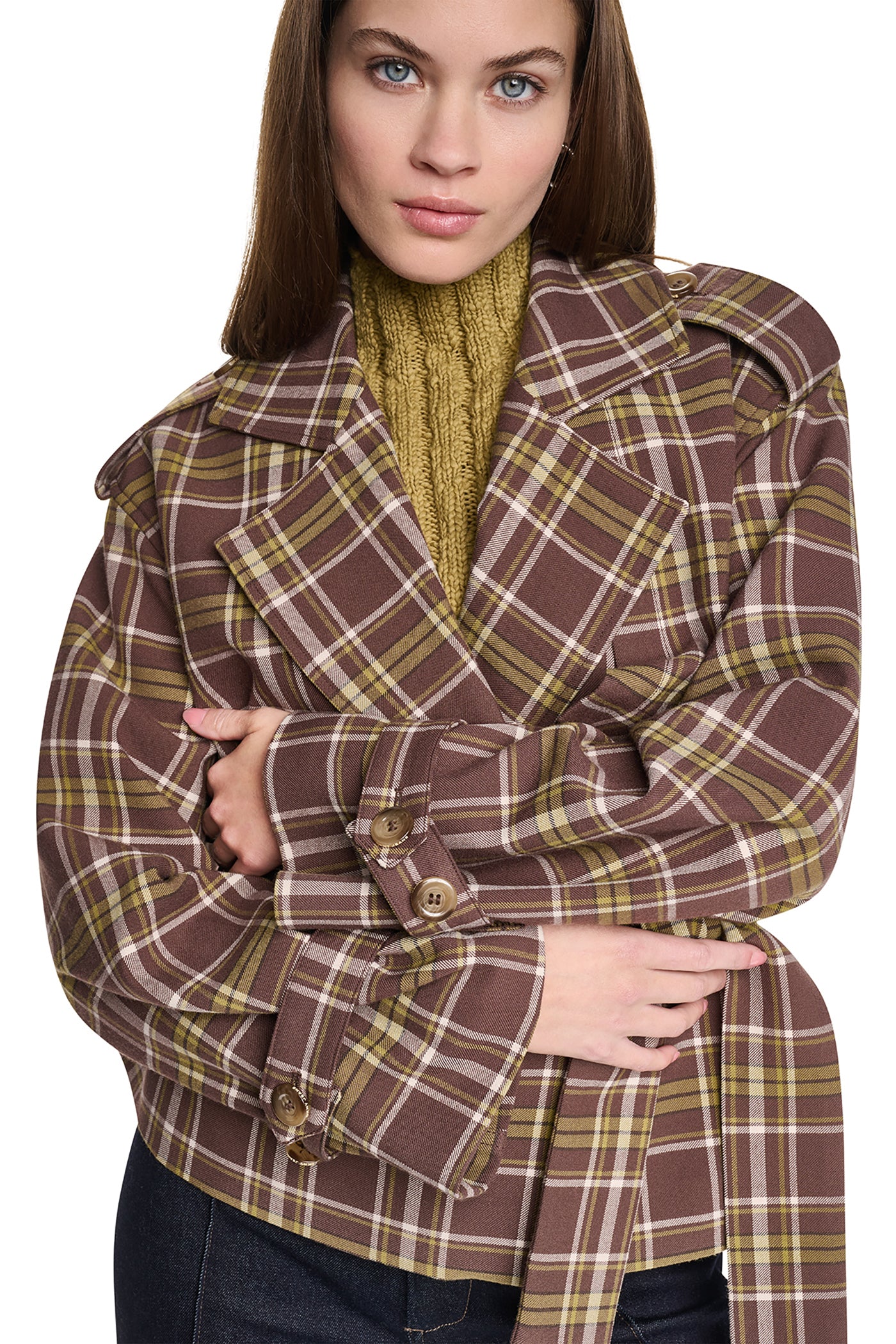PLAID DOUBLE BREASTED SHORT TRENCH
