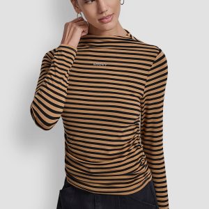 SIDE RUCHED HIGH NECK LONG SLEEVE TOP WITH RHINESTONE