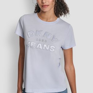 DKNY JEANS SATIN APPLIQUE CHAINSTITCH LOGO CREW NECK TEE