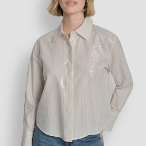 POPLIN BUTTON FRONT SHIRT WITH SEQUINS