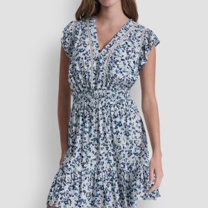 SMOCKED WAIST V-NECK DRESS