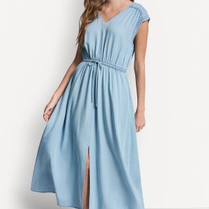 RUCHED V-NECK DRESS WITH TIE WAIST