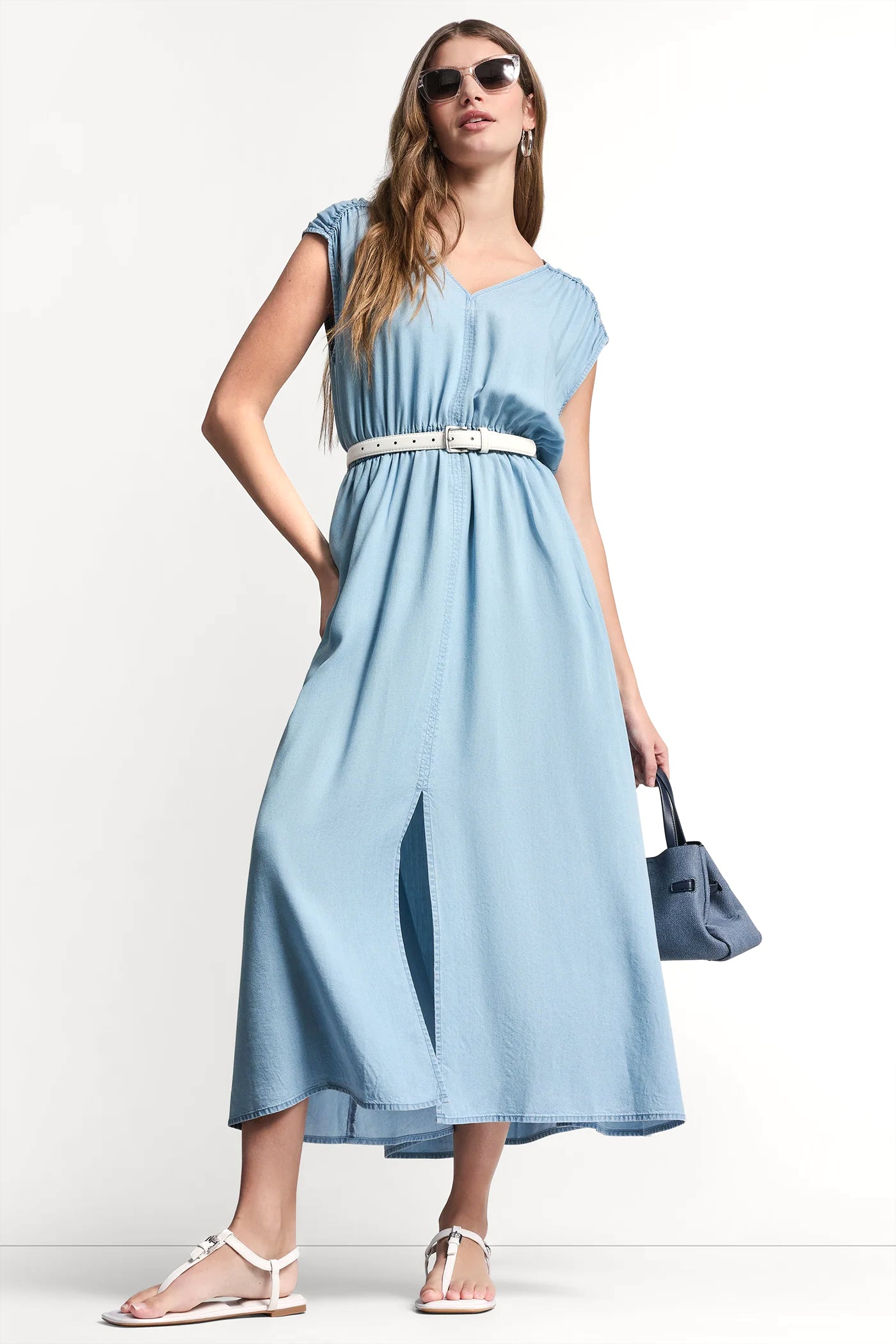 RUCHED V-NECK DRESS WITH TIE WAIST - Image 6