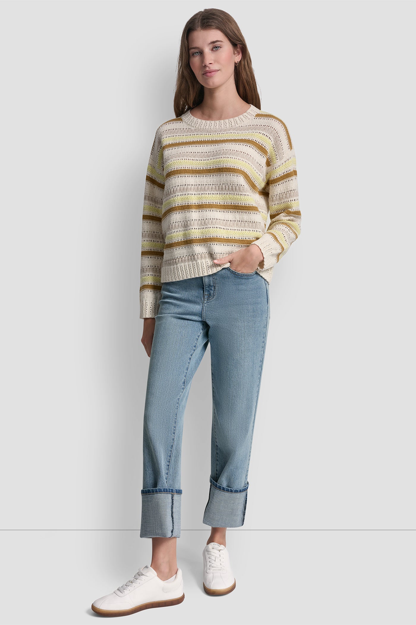 STRIPED MIXED POINTELLE STITCH SWEATER - Image 2