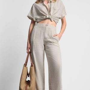 CROPPED WIDE LEG LINEN-BLEND PANTS
