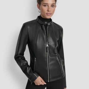 FAUX LEATHER MOTO JACKET WITH SNAP COLLAR