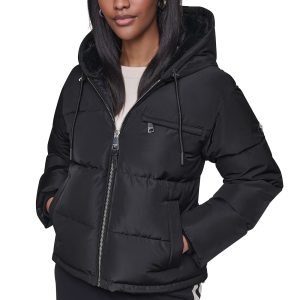 CONTRAST LINED SHORT HOODED PUFFER