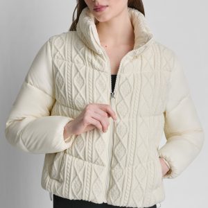 CABLE KNIT MOCK NECK PUFFER JACKET