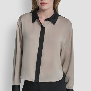 COLOR BLOCK BUTTON-FRONT BLOUSE