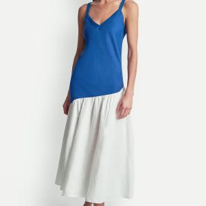 LINEN SLEEVELESS TWO-TONE MIDI DRESS