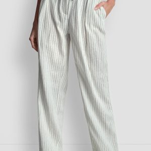 MID-RISE LINEN-BLEND PINSTRIPED PLEATED WIDE-LEG PANT