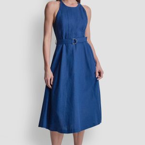 LINEN-BLEND SLEEVELESS MIDI DRESS