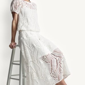 COTTON-BLEND CROCHET LEAF MIDI SKIRT