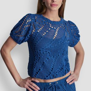 SHORT SLEEVE CROCHET LEAF TOP
