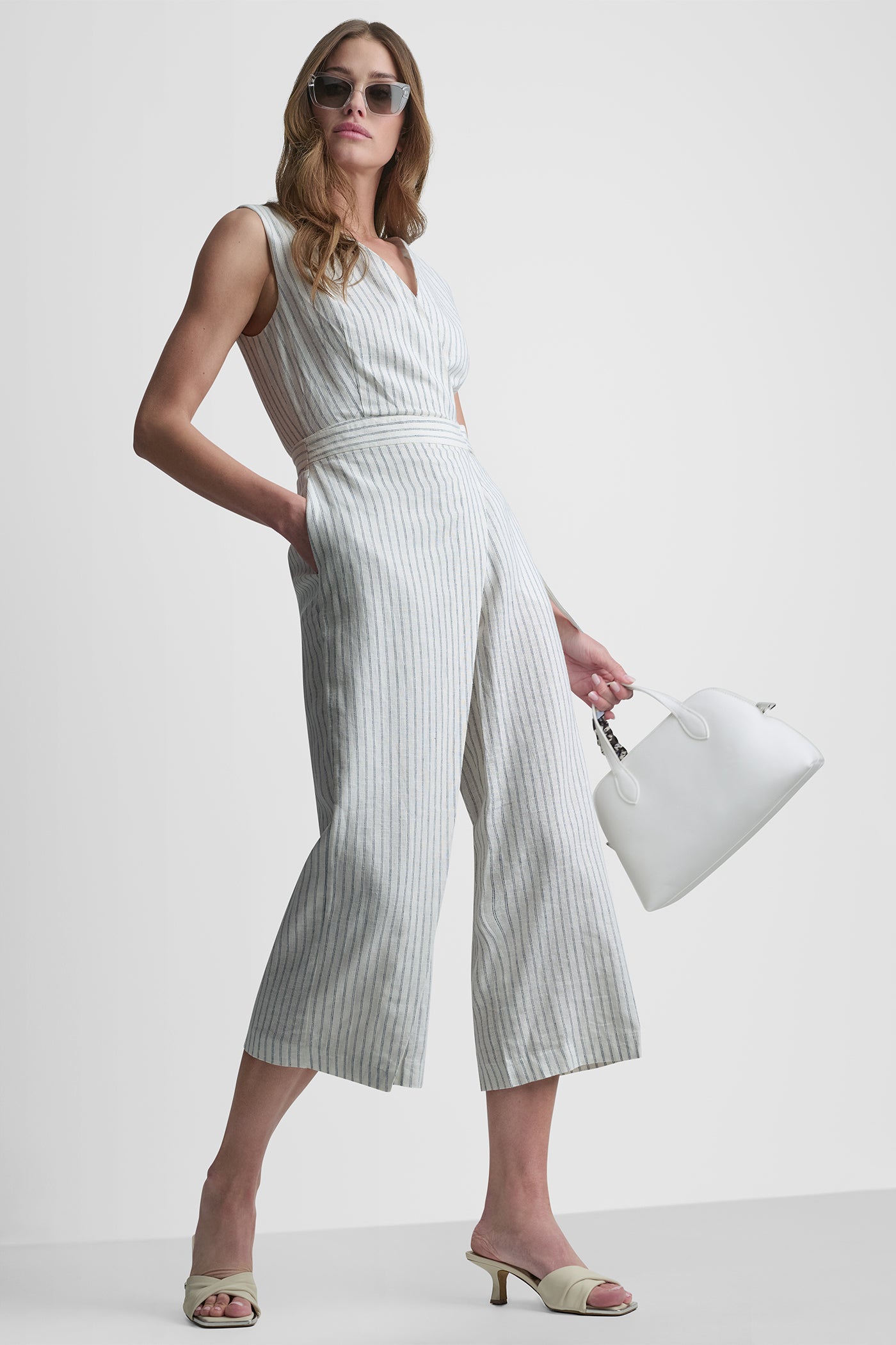 LINEN-BLEND SLEEVELESS WRAP-EFFECT V-NECK STRIPED JUMPSUIT - Image 7