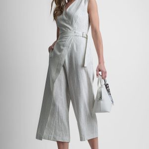 LINEN-BLEND SLEEVELESS WRAP-EFFECT V-NECK STRIPED JUMPSUIT